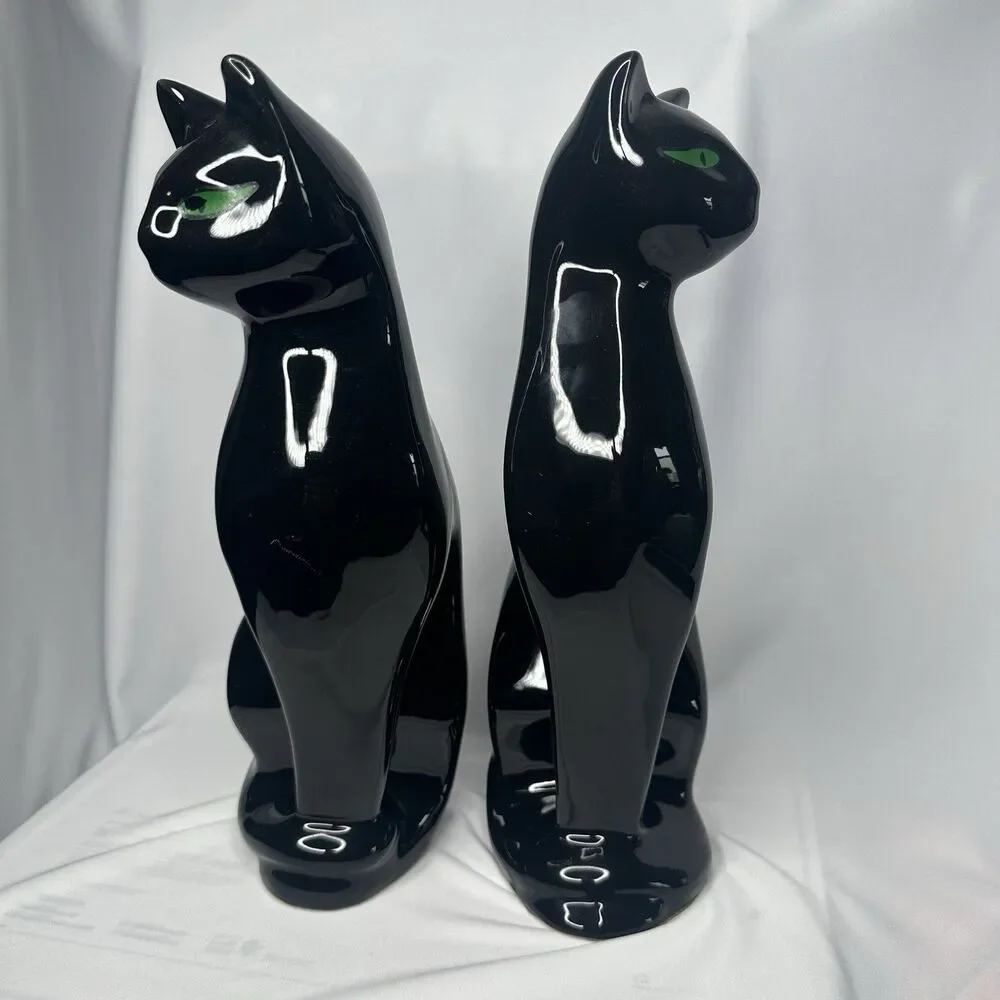 VTG Artmark Fine Ceramic Midnight Shadows Pair of Black Cats Green Eyes 12.5 in - Picture 5 of 12